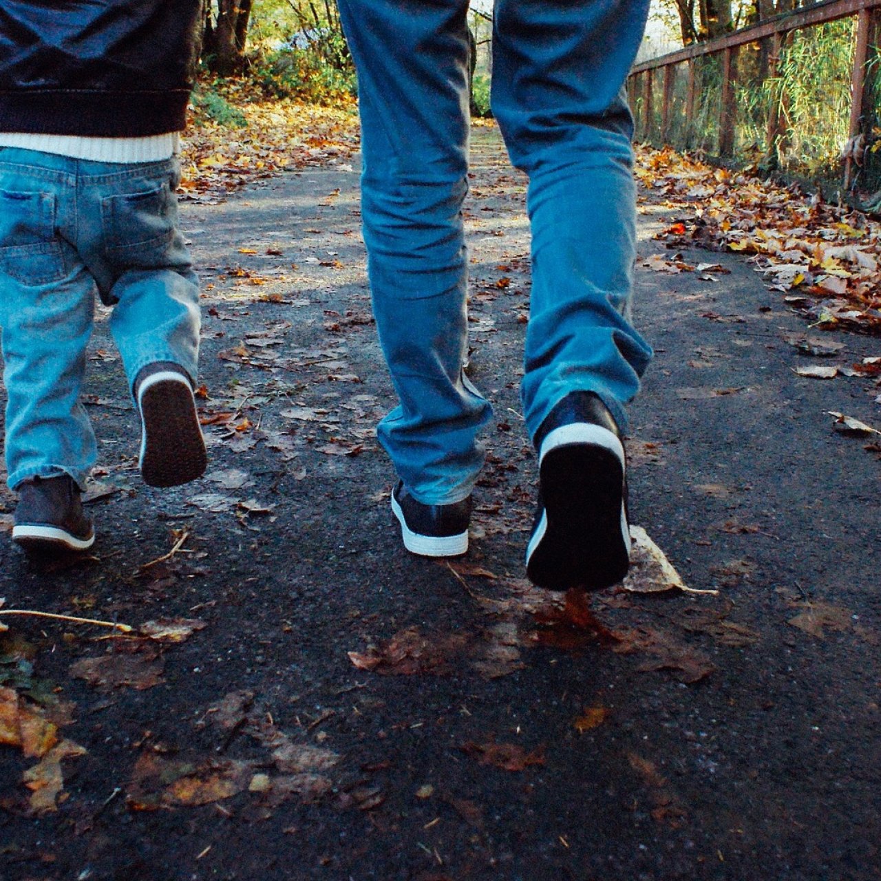 Bild III Vater und Sohn laufen im Wald, es ist Herbst und Laub liegt am Boden.